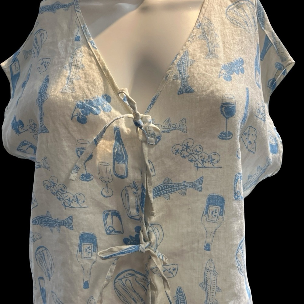 Cynthia Rowley Top White Linen Blue Italian Wine Print L Euro Summer Vacation - Picture 4 of 16